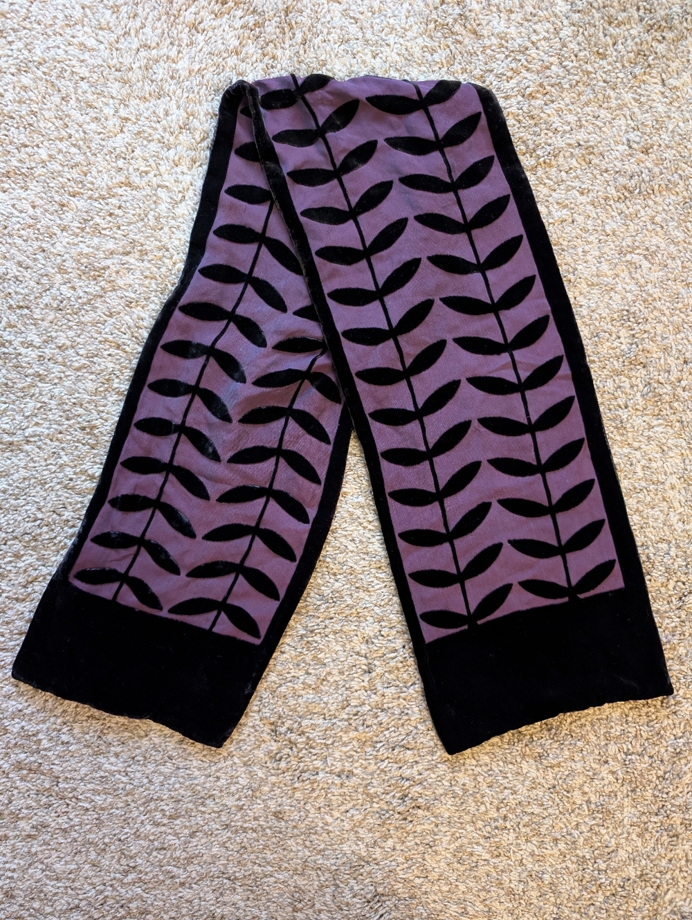 Purple and Black Leaf Pattern Velvet Silk Rectangle Scarf Whimsigoth Retro